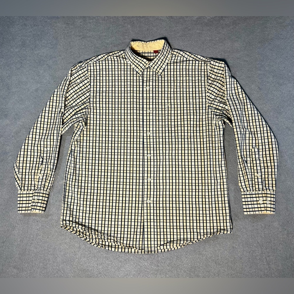 IZOD Men’s Shirt Large Yellow Blue Plaid Long Sleeve Button Up Cotton Casual